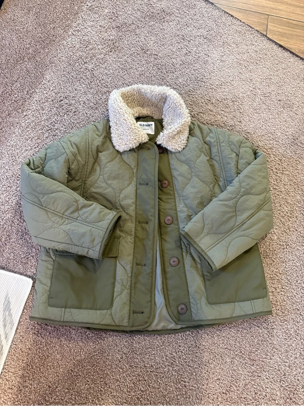 Old Navy Kids Olive Green Quilted Puffer Jacket with Sherpa Collar